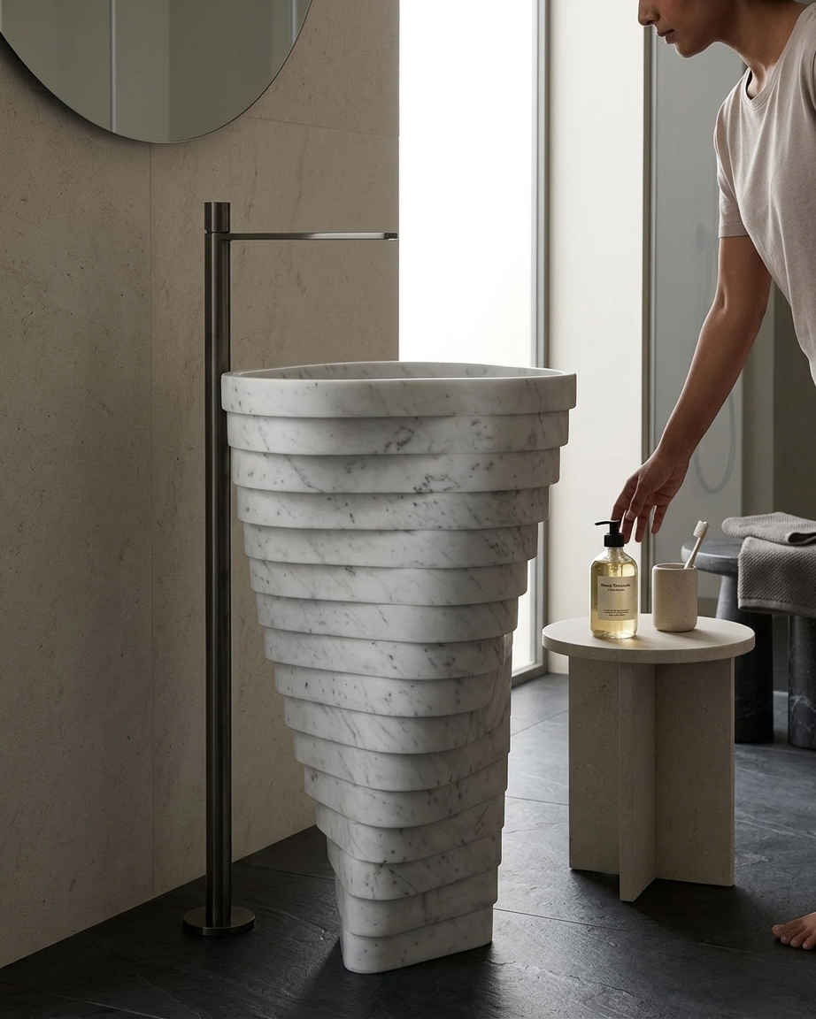 Muniq Freestanding Tiered Ring Marble Basin | Indian White Stone Pedestal Washbasin | Sculptural Luxury Bathroom Sink