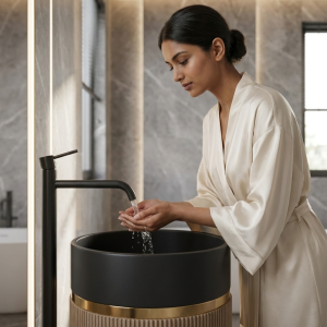 Close-up of deep matte black bowl and precision gold ring accent on Muniq artificial stone pedestal basin sand beige fluted cylinder washbasin