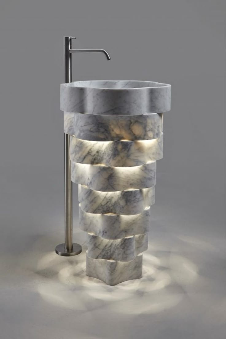 antoniolupi and Paolo Ulian, Intreccio Washbasin antoniolupi and Paolo Ulian Intreccio Washbasin - Muniq Freestanding Illuminated Stacked Marble Basin | Indian White Stone Pedestal Sink with Built-In LED | Designer Luxury Bathroom Washbasin