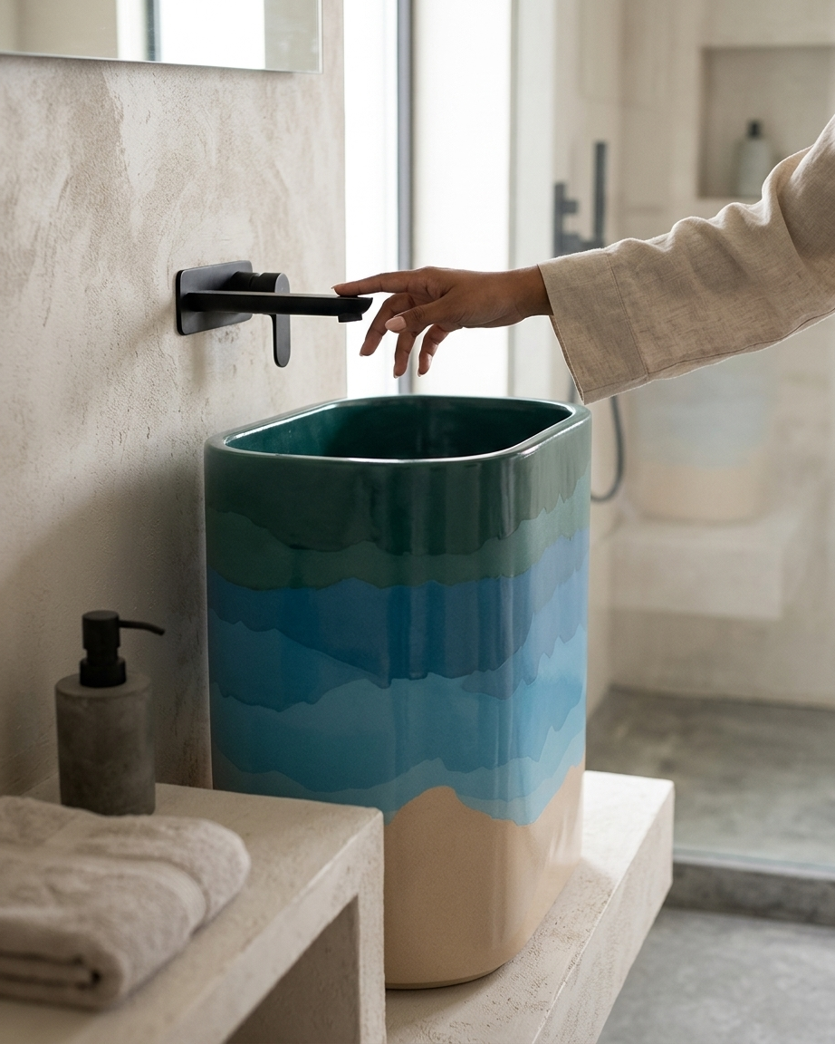 Dune Freestanding Concrete Ombre Basin SNK60 Ocean Wave Gradient Teal Blue Sand Dune freestanding concrete ombre pedestal basin SNK60 with hand-painted ocean wave gradient in forest green teal ocean blue and sandy beige tones