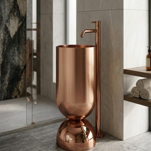 Wine Glass Rose Gold freestanding stainless steel pedestal basin with fully polished mirror rose gold PVD cylinder bowl and matching polished rose gold dome base