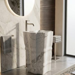 Muniq Freestanding Statuario Marble Ripple Monolith Basin | Indian White Stone Hand-Sculpted Wave Pedestal Sink | Organic Luxury Bathroom Washbasin