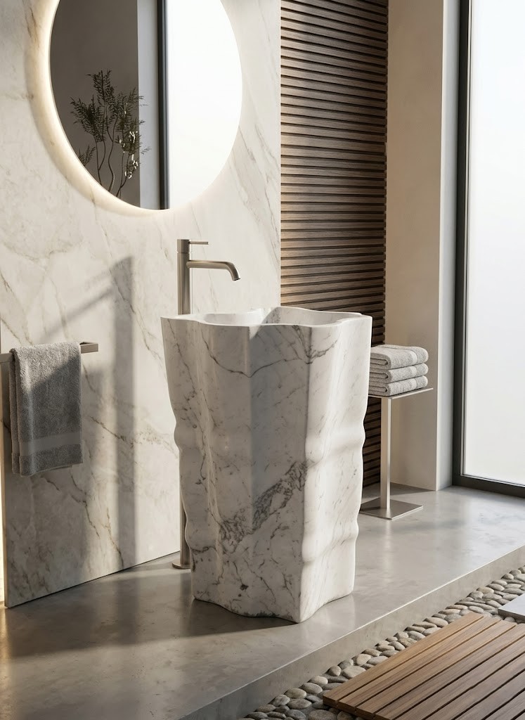 Muniq Freestanding Statuario Marble Ripple Monolith Basin | Indian White Stone Hand-Sculpted Wave Pedestal Sink | Organic Luxury Bathroom Washbasin