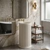 White artificial stone freestanding tapered cone pedestal basin 1320 with fine vertical ribbed texture exterior and smooth glossy white interior basin surface