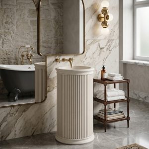 White artificial stone freestanding tapered cone pedestal basin 1320 with fine vertical ribbed texture exterior and smooth glossy white interior basin surface