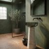 Muniq white Statvario resin freestanding basin 7107 400x830mm showing white gold marble effect tapered cone pedestal with contrasting wide smoked black glossy round bowl luxury washbasin
