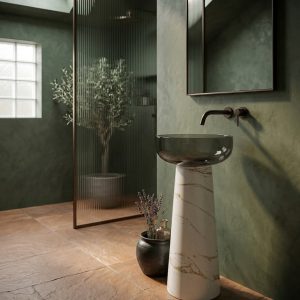 Muniq white Statvario resin freestanding basin 7107 400x830mm showing white gold marble effect tapered cone pedestal with contrasting wide smoked black glossy round bowl luxury washbasin