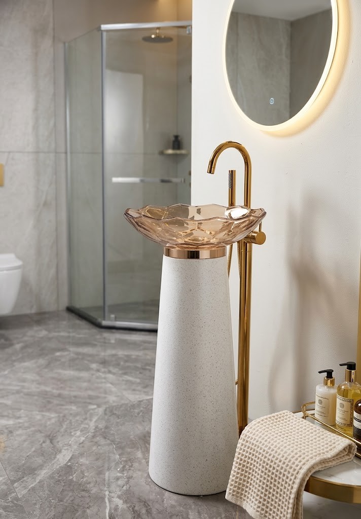 Freestanding White Amber Resin Basin Rose Gold Faceted Petal Bowl White Cone Pedestal Freestanding white amber resin basin with wide rose gold faceted petal edge resin bowl and gold waste coupling on white speckled cone pedestal with gold floor faucet