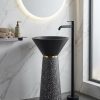 Muniq artificial stone pedestal basin 1328 500x850mm showing grey terrazzo effect tapered column pedestal with matte black flared cone bowl and precision gold ring accent industrial luxury washbasin