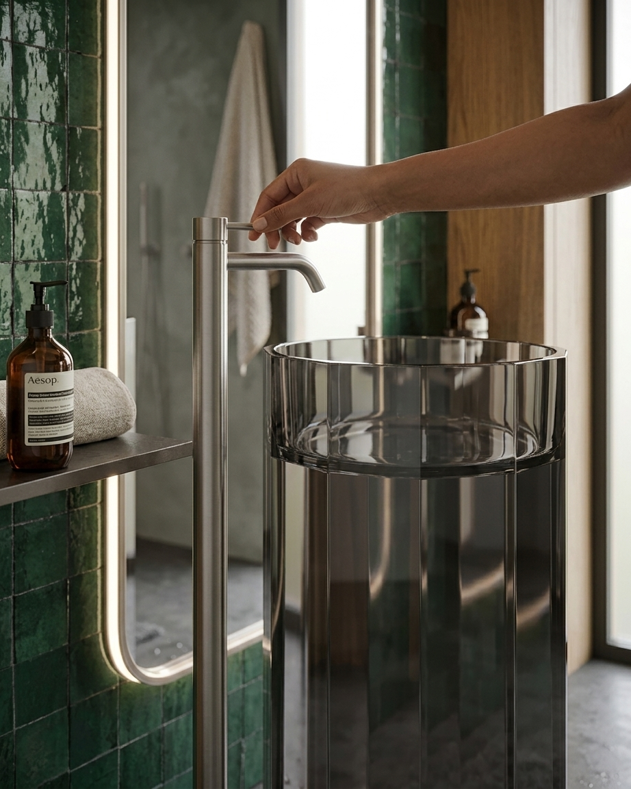 Smoke Black Resin Cylinder Pedestal Basin Side View 7103 Dark Translucent Side angle view of Smoke Black transparent resin freestanding fluted cylinder pedestal basin 7103 showing full height dark smoked resin form