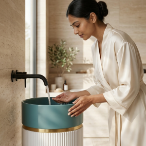 Close-up of polished gold connecting ring between deep teal bowl and white fluted column on artificial stone pedestal basin 1301