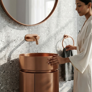 Close-up of subtle vertical seam line and fine horizontal ring detail near basin rim on SS Door Rose Gold freestanding stainless steel pedestal basin