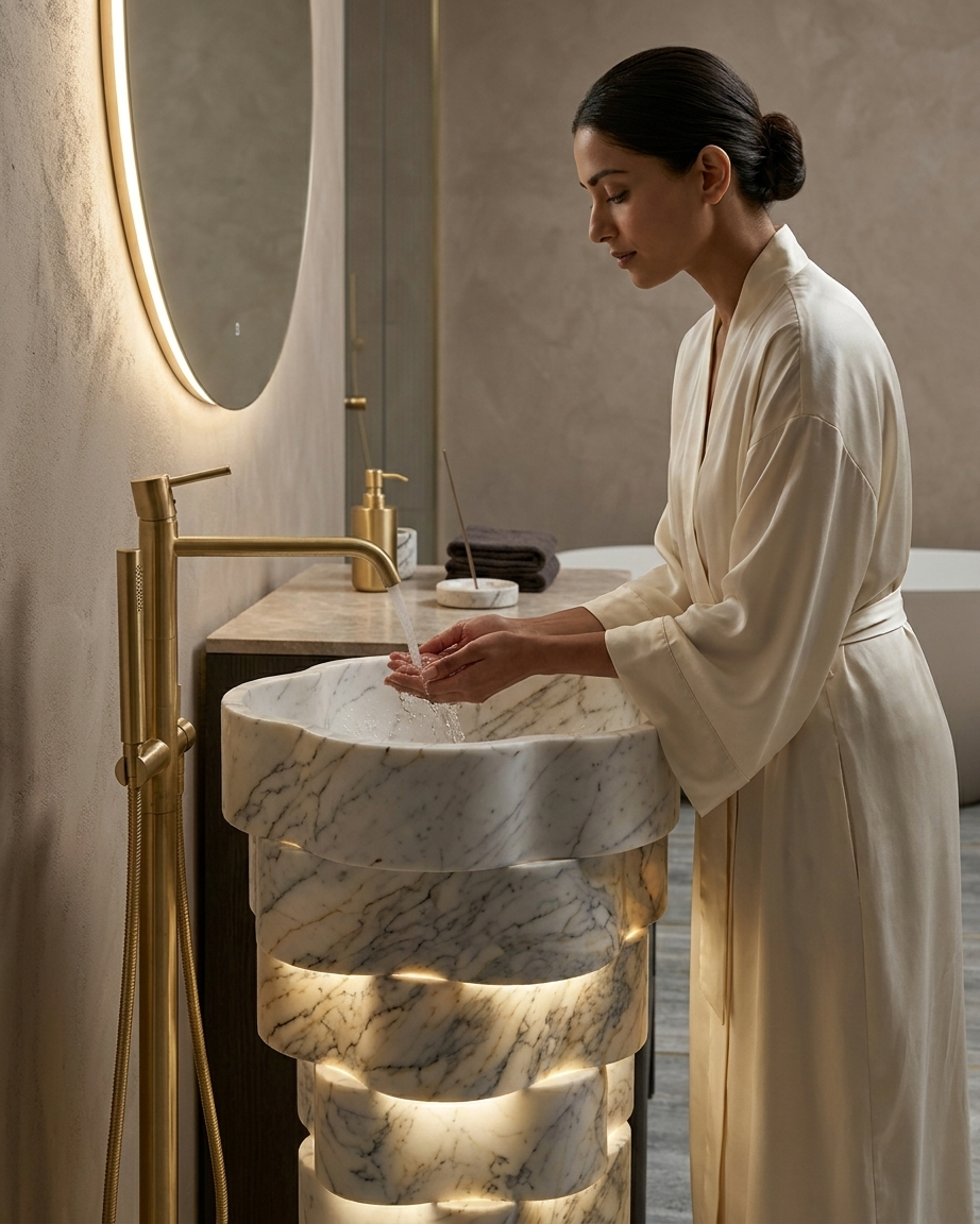 bZL6nLceZBe6nkIQKXL_bW bZL6nLceZBe6nkIQKXL bW - Muniq Freestanding Illuminated Stacked Marble Basin | Indian White Stone Pedestal Sink with Built-In LED | Designer Luxury Bathroom Washbasin