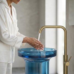 Close-up of deep ocean blue translucent resin colour and high clarity polished surface of Muniq ocean blue transparent resin freestanding basin cylinder pedestal washbasin