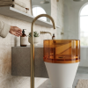 Freestanding resin bowl basin 7105 with white fluted cone pedestal available in multiple transparent bowl colour options including orange amber royal blue and smoke black