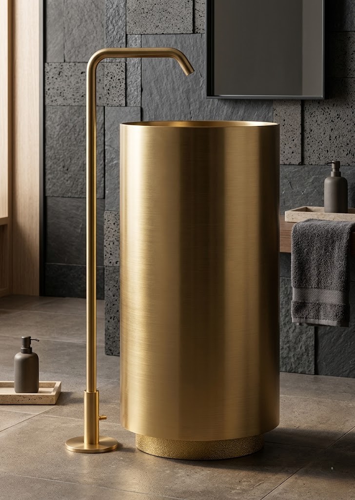 Aurum Gold Freestanding Stainless Steel Pedestal Basin Brushed Gold Round Cylinder Sink Aurum Gold freestanding stainless steel pedestal basin featuring a brushed gold metallic finish and cylindrical design paired with a luxury gold floor-mounted faucet