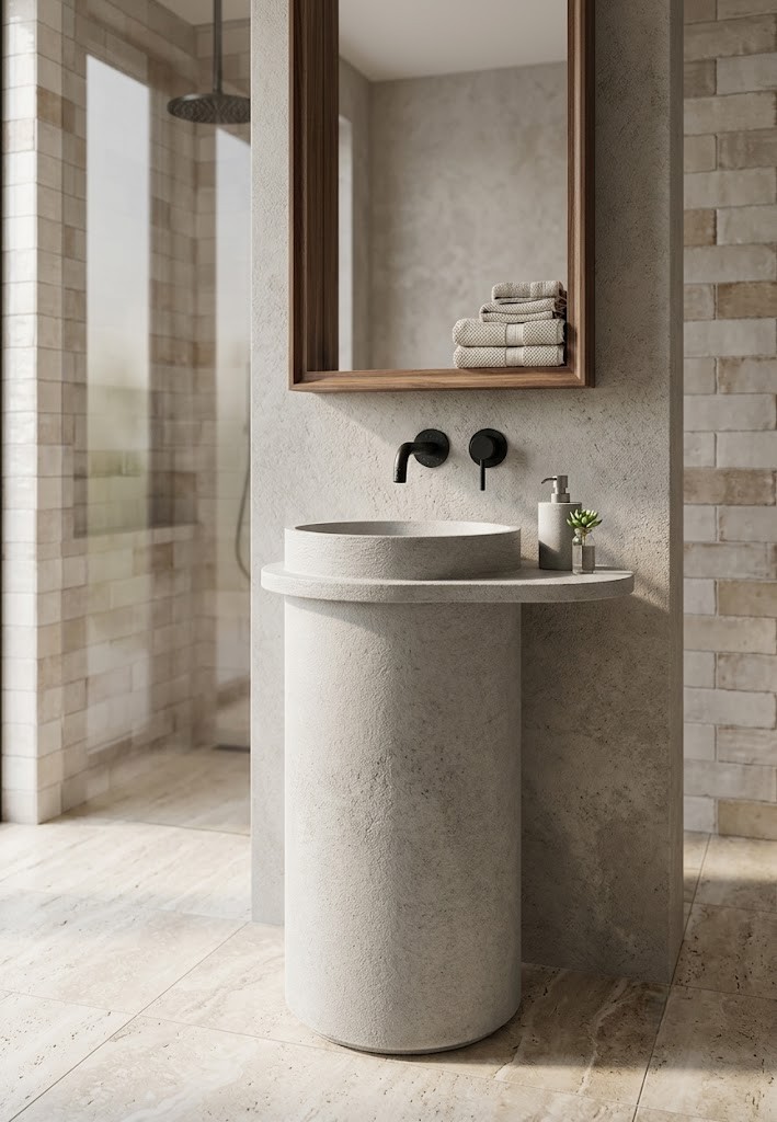 Florence Freestanding Concrete Pedestal Basin Tapered Cylinder Wide Flat Rim Grey : Florence freestanding concrete tapered cylinder pedestal basin with wide flat rim and deck-mounted black faucet in grey colour