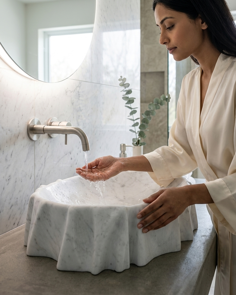 bfv92TxRmqE9H9Oj3f_OiB - Muniq Draped Marble Countertop Basin | Indian White Stone Hand-Sculpted Fabric-Effect Vessel Sink | Designer Luxury Bathroom Washbasin