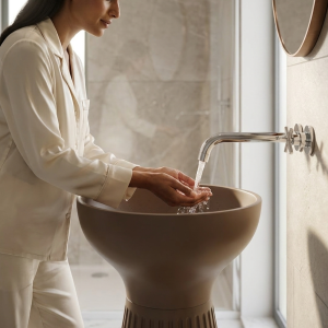 Close-up of precision vertical reeded fluting following the concave curve of the waist on Muniq artificial stone pedestal basin 1340 warm bronze brown goblet form washbasin