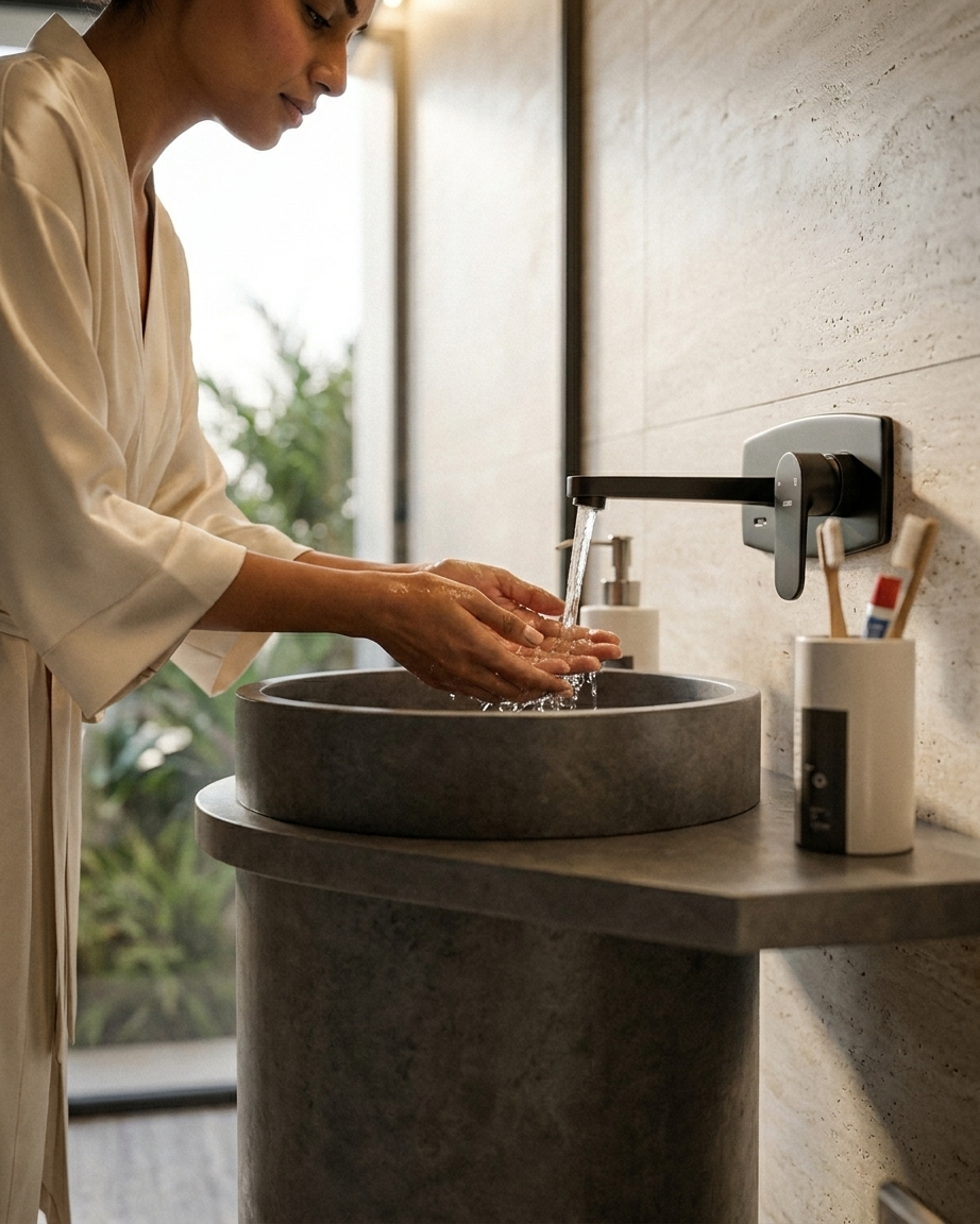 Muniq Concrete Drum Basin Charcoal Grey in Contemporary Industrial Bathroom with Dark Tiles Muniq concrete drum basin charcoal grey in contemporary industrial luxury bathroom with dark ceramic wall tiles warm cove lighting glass shower screen and brushed chrome accessories