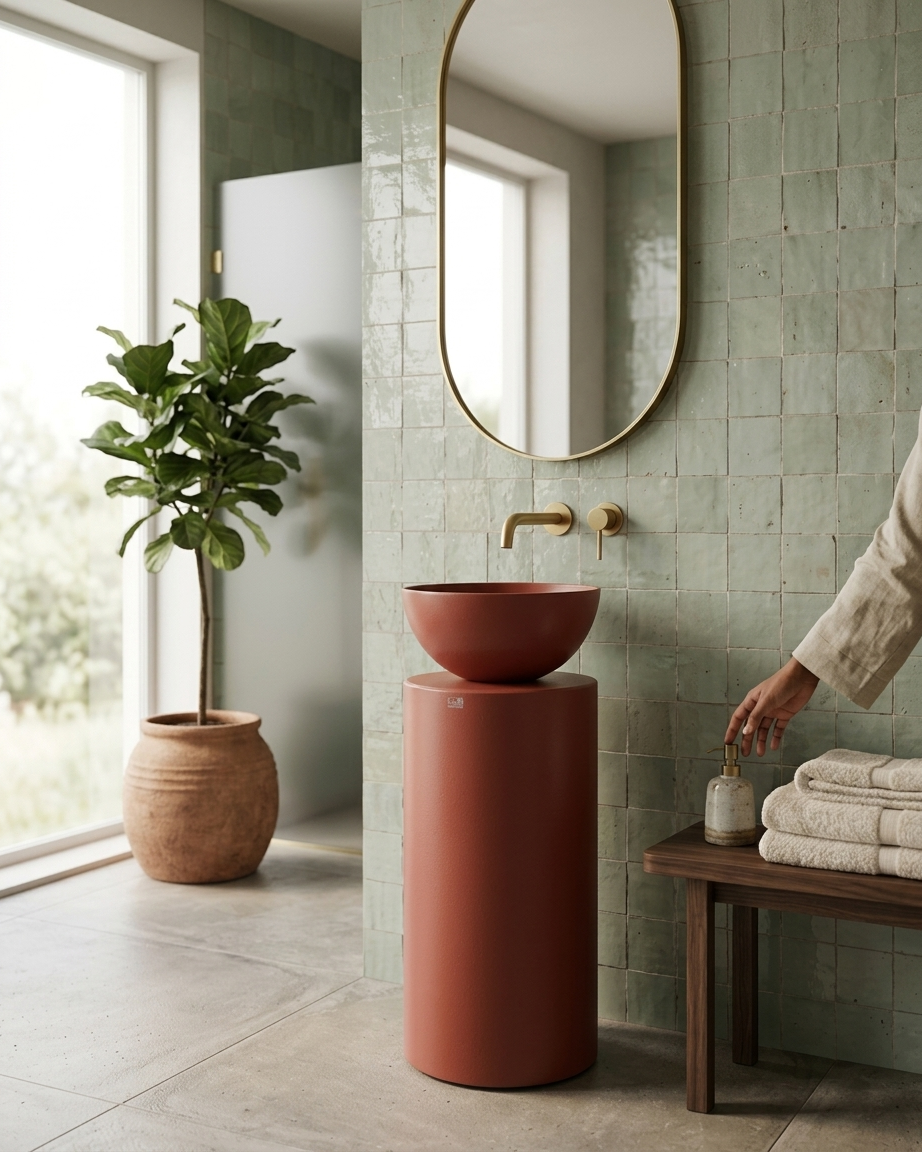 Muniq Terracotta Bowl Basin in Biophilic Warm Contemporary Luxury Bathroom Interior Muniq terracotta freestanding bowl basin in warm biophilic luxury bathroom with neutral plaster walls natural textiles and warm ambient lighting