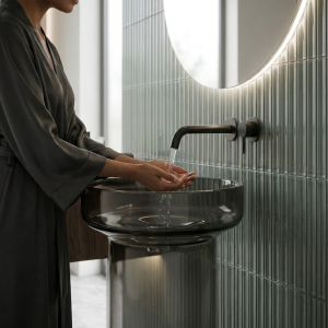 Close-up of deep smoked black translucent resin colour and high optical clarity polished surface of Muniq smoke black transparent resin freestanding basin pedestal washbasin