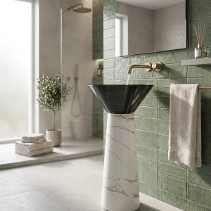 White Satvario freestanding resin basin 7111 with wide smoked dark resin bowl on pristine white Satvario marble effect gold veined cone pedestal