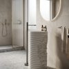 Torn layered artificial stone freestanding cylinder pedestal basin 1336 with fine horizontal ribbon striations and dramatic torn fractured exposed section