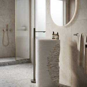 Torn layered artificial stone freestanding cylinder pedestal basin 1336 with fine horizontal ribbon striations and dramatic torn fractured exposed section