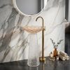 Rose gold textured glass pedestal freestanding basin featuring luxury rose gold crystal glass bowl and transparent textured glass column with brushed gold faucet