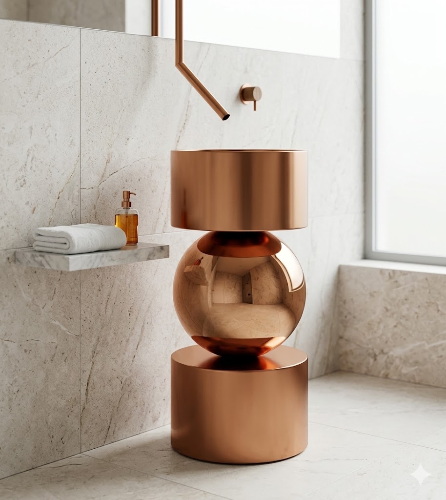 Muniq SS Globe Rose Gold Sphere Basin 108 400x830mm Stainless Steel Drum Mirror Sphere Avant Garde Bathroom Muniq SS Globe rose gold sphere basin 108 with matte rose gold stainless steel drum base mirror-polished rose gold sphere and matching drum bowl against dark slate herringbone tile wall