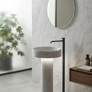 Muniq Freestanding Raw Edge Marble Basin | Indian White Stone Pedestal Sink with Chiselled Bowl & Integrated LED | Designer Luxury Bathroom Washbasin
