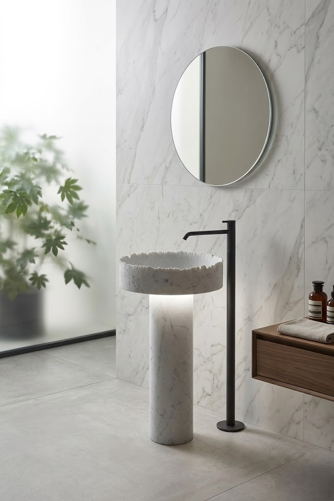 Muniq Freestanding Raw Edge Marble Basin | Indian White Stone Pedestal Sink with Chiselled Bowl & Integrated LED | Designer Luxury Bathroom Washbasin