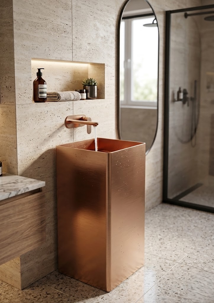 Brushed Copper Freestanding Stainless Steel Square Basin Rose Copper PVD Rectangular Brushed copper freestanding stainless steel square pedestal basin with warm rose copper PVD finish and water flowing from copper wall-mounted faucet in travertine bathroom