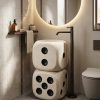 Dice sculpture artificial stone freestanding stacked cube pedestal basin 1332 with carved circular pip recesses in soft cream stone finish and matte black floor faucet
