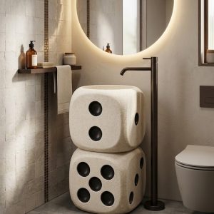 Dice sculpture artificial stone freestanding stacked cube pedestal basin 1332 with carved circular pip recesses in soft cream stone finish and matte black floor faucet