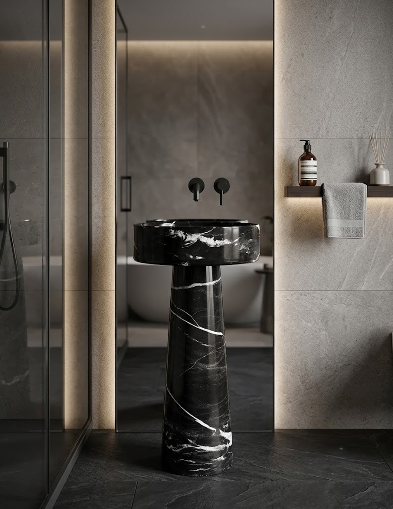 df27b631-ab99-412e-afc9-374c0f6c3080 df27b631 ab99 412e afc9 374c0f6c3080 - Muniq Freestanding Black Marquina Marble Basin | Nero Marquina Stone Tapered Pedestal Sink | Designer Luxury Bathroom Washbasin
