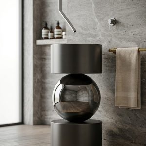 Muniq sculptural steel sphere basin with matte gunmetal steel drum base mirror-polished reflective sphere and matching drum bowl in contemporary luxury bathroom with stone wall and warm timber floor
