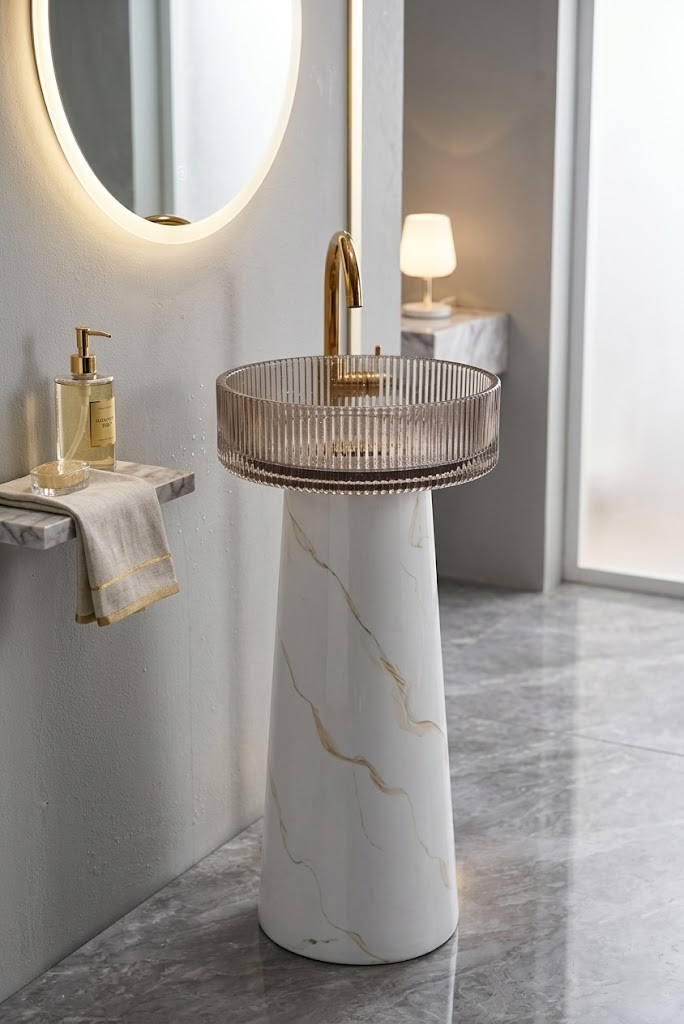 Muniq Statvario Resin Basin Fluted Crystal Bowl White Gold Marble Pedestal Luxury Glamour Bathroom Muniq Statvario resin freestanding basin with fluted crystal bowl showing white gold marble effect tapered pedestal and transparent ribbed resin bowl with polished gold tap in warm luxury bathroom with LED mirror