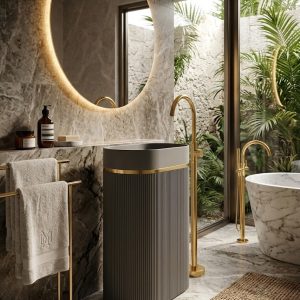 Close-up of precision gold ring accent on Muniq artificial stone pedestal basin 1342 monochrome grey oval fluted column washbasin showing sole metallic contrast detail