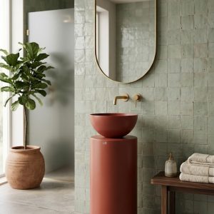 Muniq terracotta freestanding bowl basin 370x890mm custom pedestal sink full height view showing hemispherical bowl on tapered cylinder pedestal in warm rich terracotta red clay colour