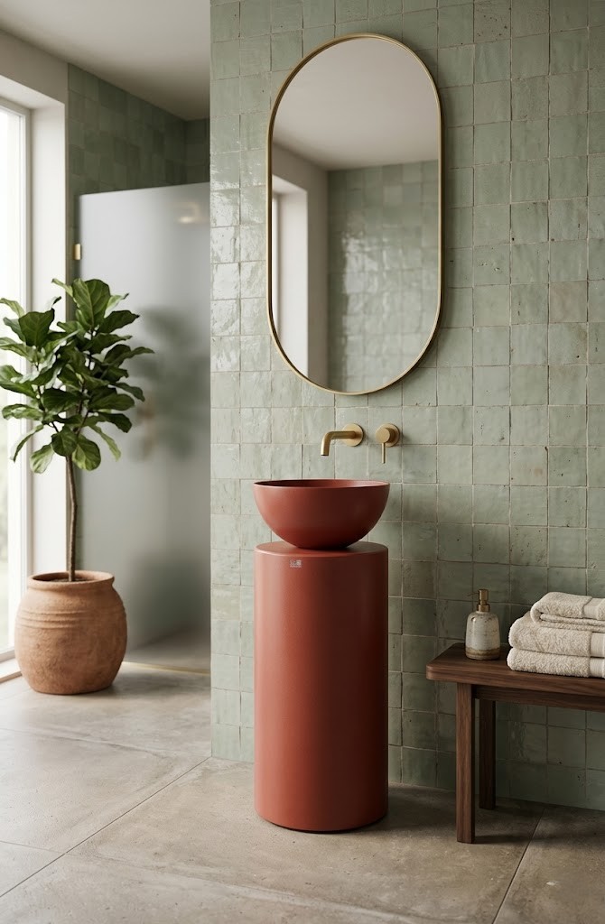 Muniq Terracotta Freestanding Bowl Basin 370x890mm Custom Pedestal Sink Warm Red Clay Muniq terracotta freestanding bowl basin 370x890mm custom pedestal sink full height view showing hemispherical bowl on tapered cylinder pedestal in warm rich terracotta red clay colour