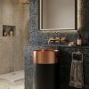 Rose Gold Black Rose Gold freestanding stainless steel pedestal basin with 3-band cylinder design showing polished rose gold top band matte black centre band and polished rose gold base band