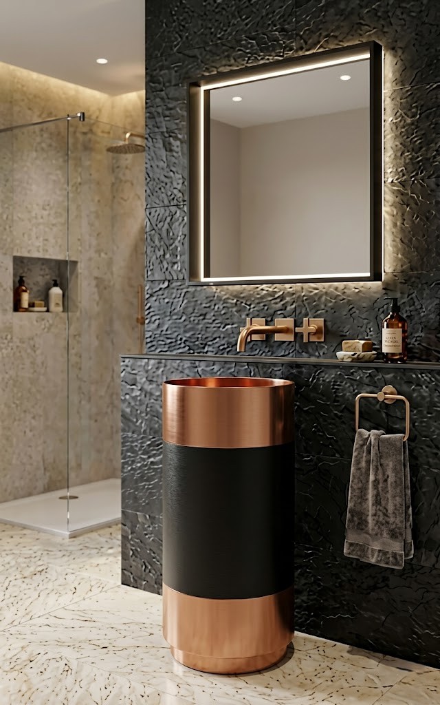 Rose Gold Black Rose Gold Freestanding Stainless Steel Basin 3-Band Tricolour Cylinder Sink Rose Gold Black Rose Gold freestanding stainless steel pedestal basin with 3-band cylinder design showing polished rose gold top band matte black centre band and polished rose gold base band