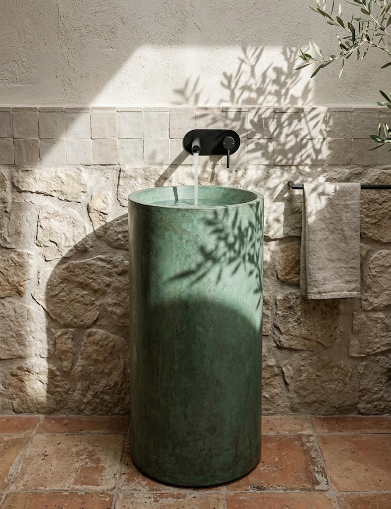 Helix Freestanding Concrete Cylinder Basin SNK10 Evergreen Pedestal Sink Helix freestanding concrete cylinder pedestal basin SNK10 in deep Evergreen colour with smooth pigmented finish and matte black deck faucet in natural light