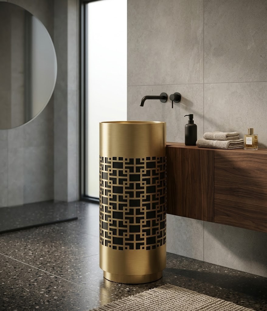 SS CNC Gold Black Freestanding Stainless Steel Basin Laser Cut Geometric Pattern SS CNC Gold Black freestanding stainless steel pedestal basin with intricate laser-cut gold geometric lattice pattern overlaying solid black base cylinder