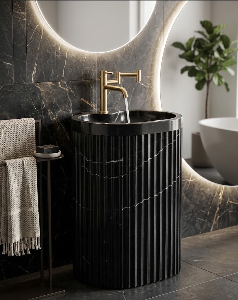 Muniq freestanding fluted Nero Marquina marble basin black stone cylinder pedestal sink with bold white calcite veining and brushed gold wall tap in luxury dark bathroom