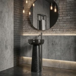 Muniq Black Marble Effect Resin Freestanding Basin Tapered Cone Pedestal Glossy Bowl Industrial Luxury Bathroom