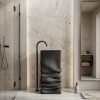 Textured layered black artificial stone freestanding square pedestal basin 1331 with sculpted stacked ridge lower body in matte black finish and bronze floor faucet