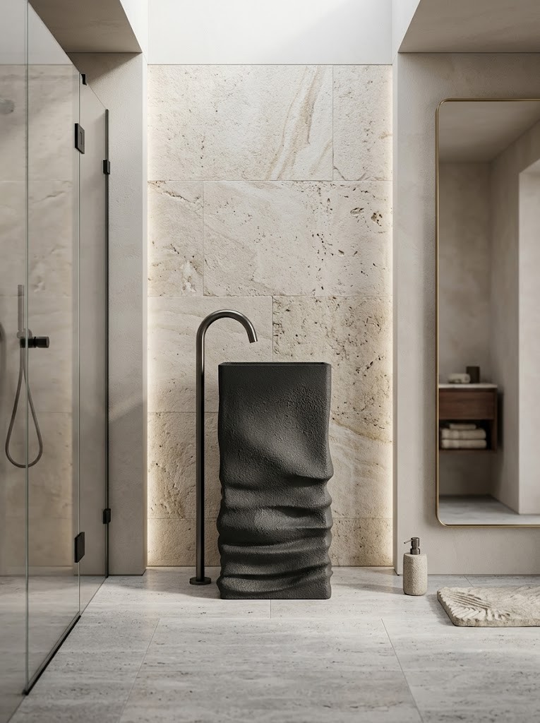 Textured Layered Black Artificial Stone Basin 1331 Sculpted Stacked Ridge Matte Black Textured layered black artificial stone freestanding square pedestal basin 1331 with sculpted stacked ridge lower body in matte black finish and bronze floor faucet